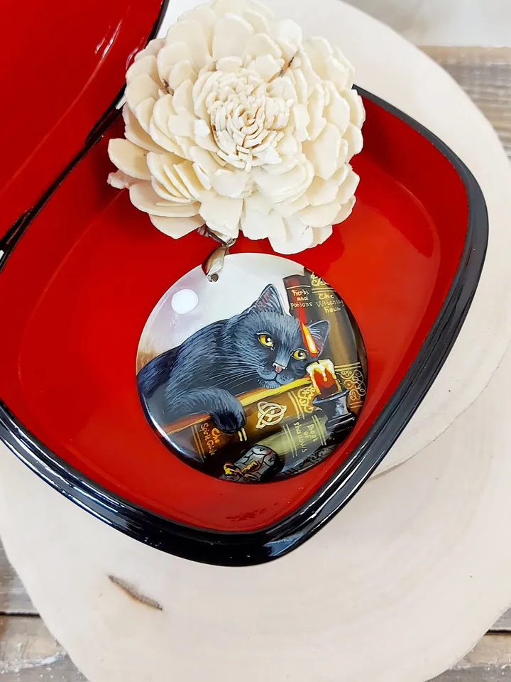 Russian jewelry: The cat in the library. Mother-of-pearl Russian hand painting. Hand-painted necklace pendant. Elegant Fedoskino lacquer art