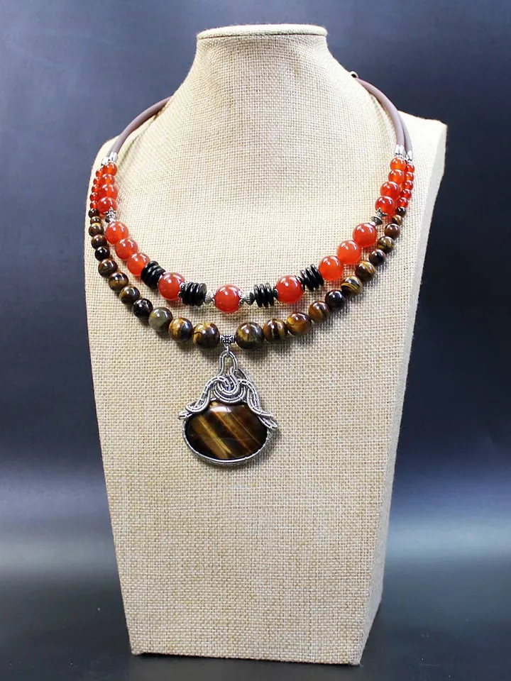 Handmade necklace with natural carnelian and tiger eye stone beads.