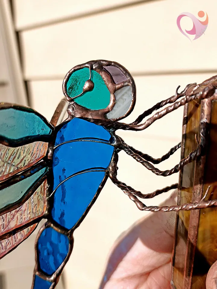 3D Stained Glass Dragonfly Mounted on Cattail Tabletop Sculpture Unique Luxury Gift Realistic Glassworks Antique Feel Contemporary Folk Art