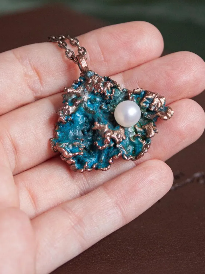 Original handmade copper electroformed pendant made of natural moss with pearl
