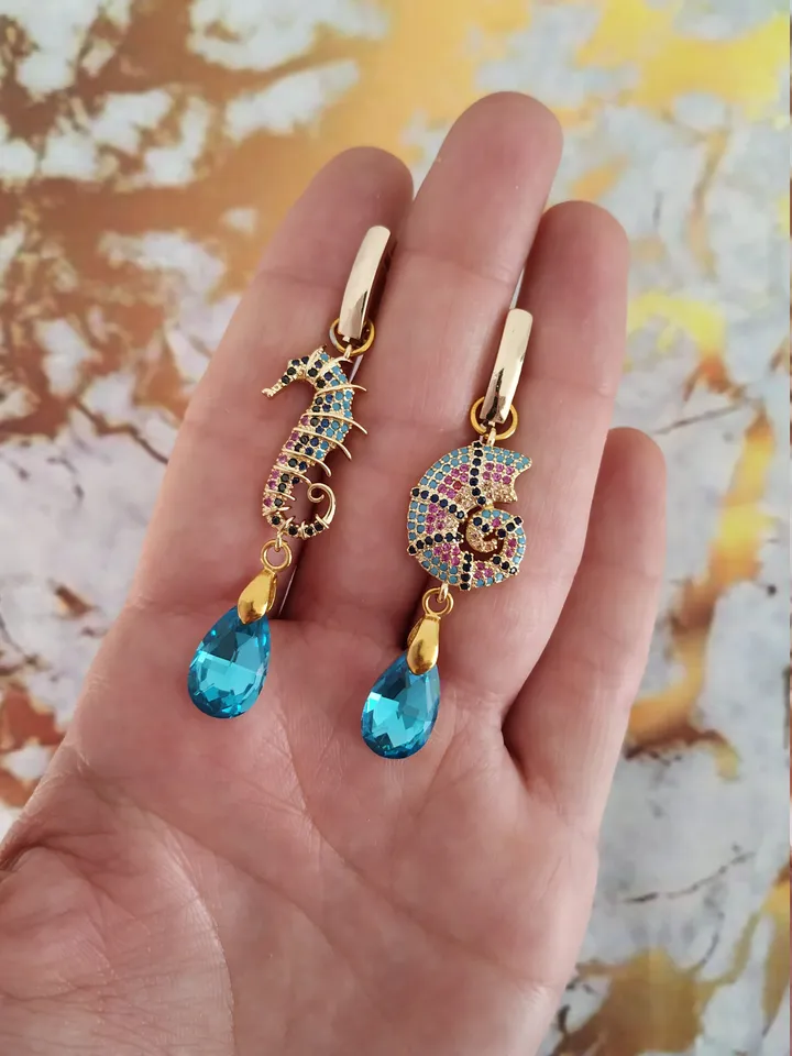 Gold | Turquoise Wedding Earrings with Seahorse and Shell | Beach Wedding Jewelry | Drop Chandelier Statement Bridal Earrings | Gift For Her