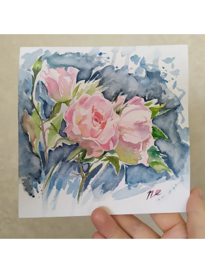 Rose Painting Floral original art 6 by 6 Pink Flower watercolor Pink rose wall art Rose aquarelle by Natalia Plotnikova