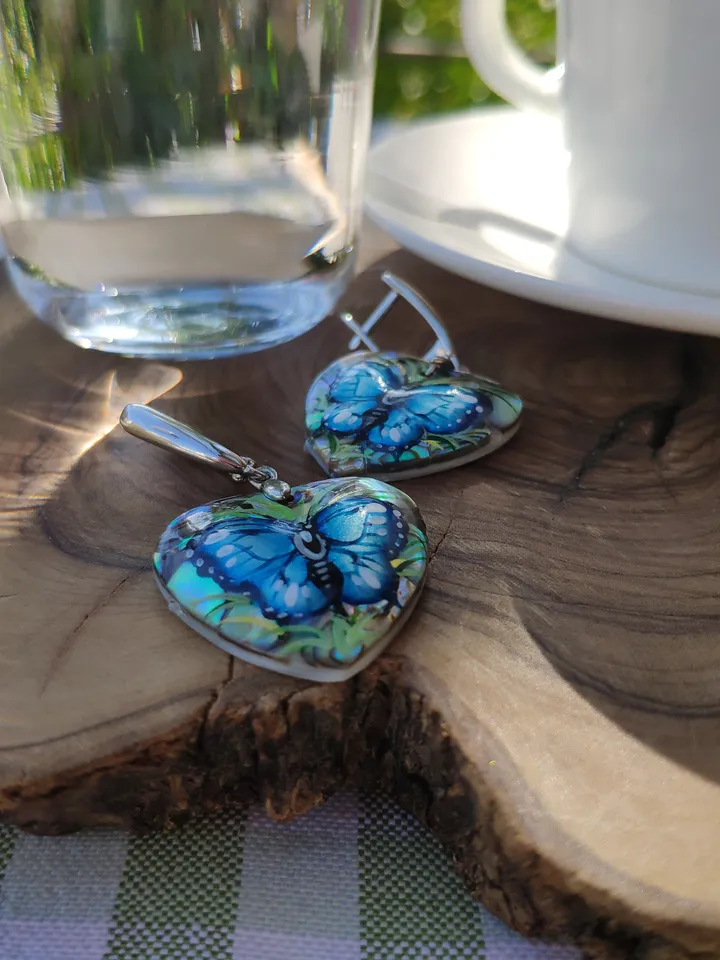 Pearl earrings: Dainty Butterfly Earrings dangle hand painted on Mother of Haliotis pearl • Heart shaped cute Art earrings for elegant women