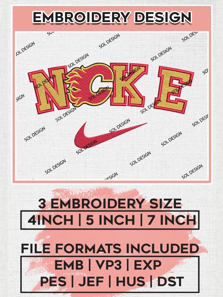 Nike Calgary Flames Machine Embroidery Files, NHL Calgary Flames Embroidery Designs, NHL Flames Logo, NHL Machine Embroidery Designs, Digital Download