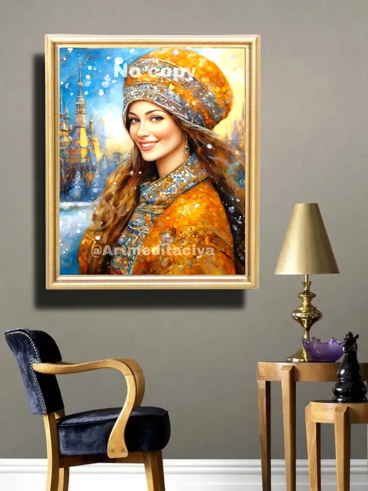 Digital abstract texture painting "Russian Winter", a gray-eyed blonde in a yellow-gray-blue winter ethno outfit on an abstract winter background of an ancient urban landscape, made in the style of oil painting
