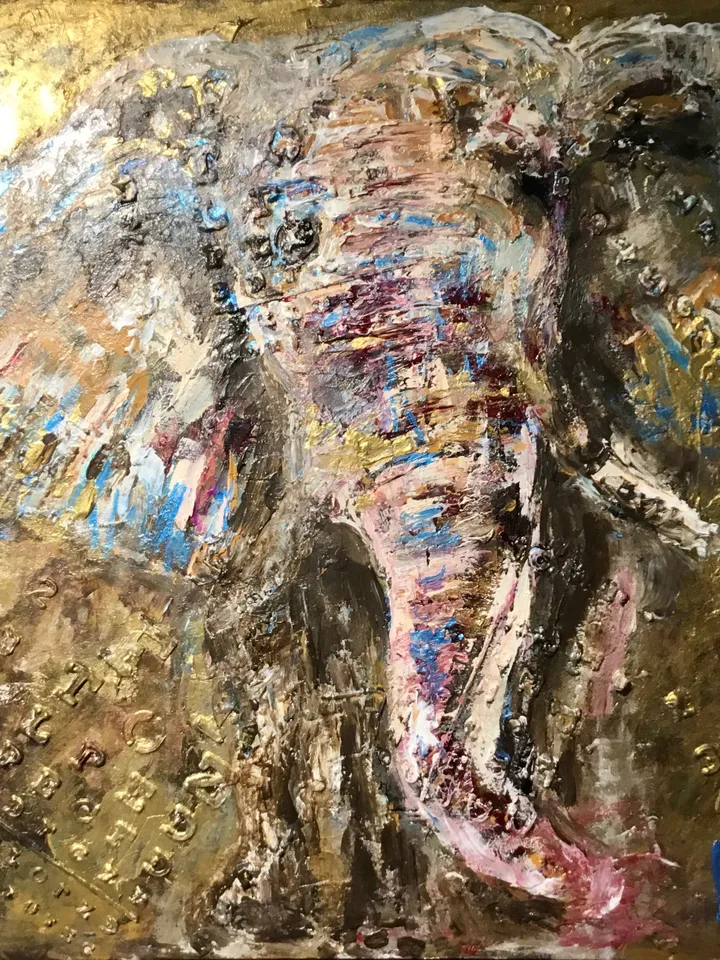 Golden elephant original acrylic mix media textured painting on cardboard,abstract animals wall art,nursery room decoration,personalized