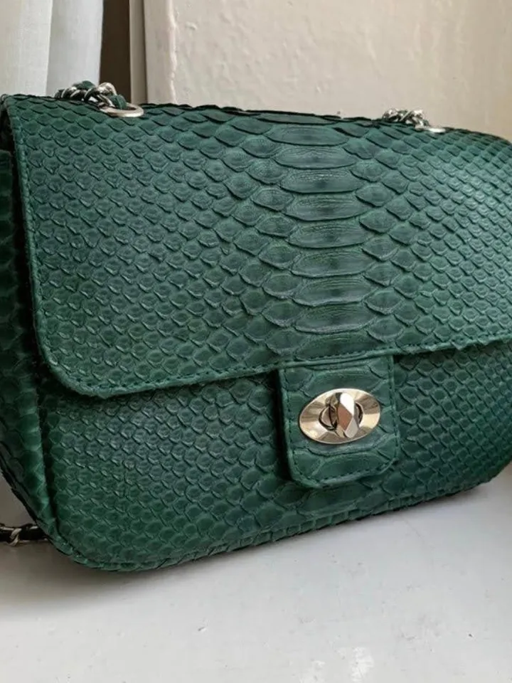 Dark Green Genuine Python Skin Crossbody Chain Bag | Bright Summer Bag | Elegant Women Bag | Chain Strap Crossbody Deep green classy Purse