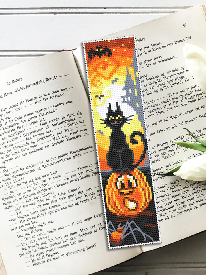 Halloween bookmark set cross stitch pattern PDF download Halloween pumpkin cross stitch, Bookmark pattern digital PDF, Black cat, Bat #B235