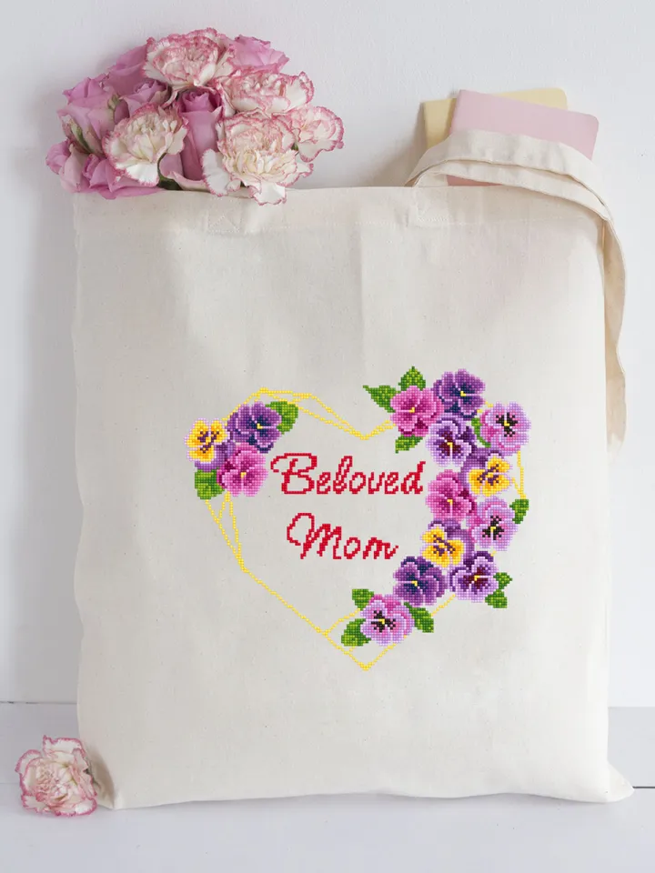 Floral heart frame cross stitch pattern PDF download Beloved Mom cross stitch chart, Violets flowers cross stitch, DIY gift for mother #Q28