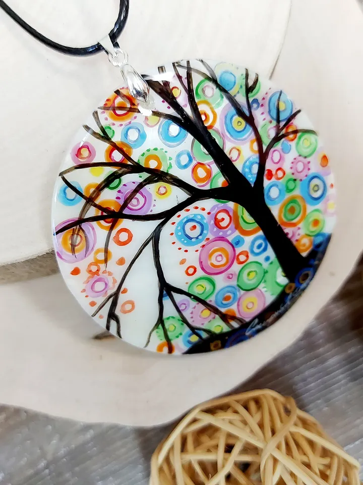 Mother-of-pearl Russian hand-painted necklace The Tree of Happiness Hand paint necklace pendant MOP pendant Hand painted miniature painting