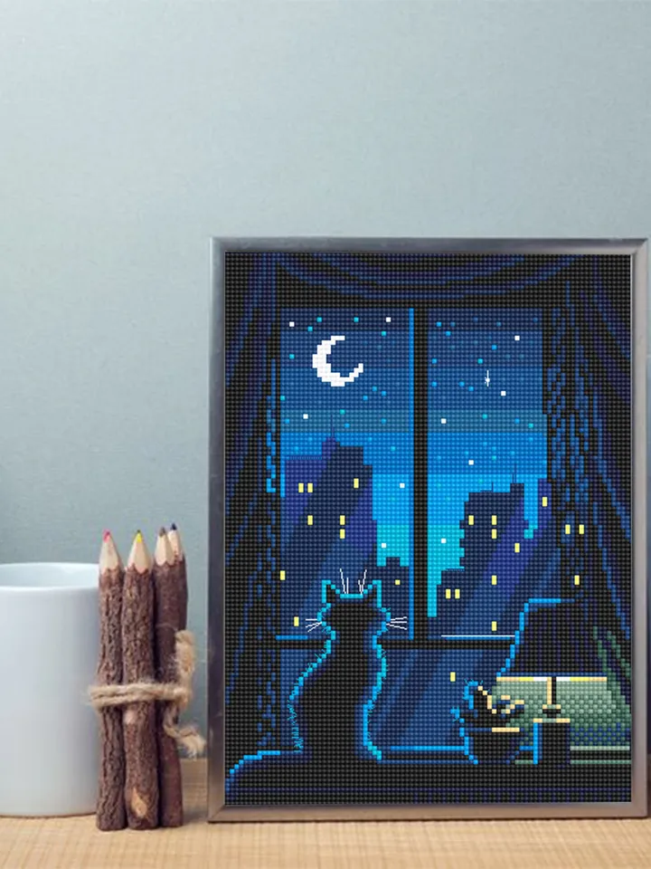 Silhouette cat cross stitch pattern PDF download Cute kitten cross stitch chart, Window with night cityscape pattern, Moon cross stitch #K14