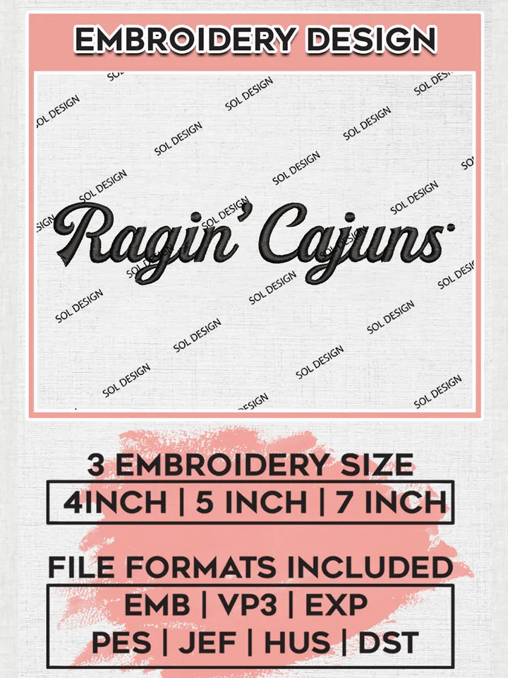 NCAA Ragin' Cajuns Team Round Logo Embroidery Design Files, NCAA Louisiana Ragin Cajuns Machine Embroidery, NCAA Teams, Game Day, 3 sizes, NCAA Machine embroidery designs, Digital Download