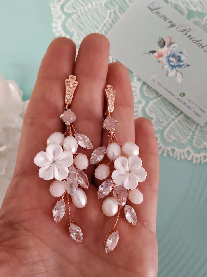 Diamond Rose Gold Wedding Earrings, Chandelier Statement Earrings, Floral Wedding Jewelry, Boho Wedding Earrings, Boho Bridal Earrings