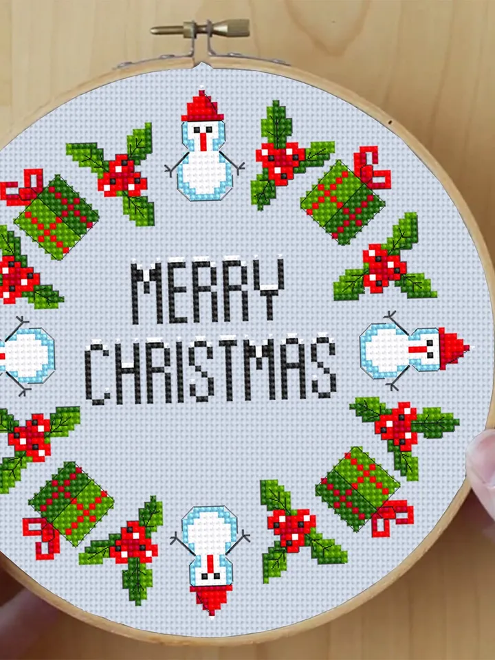 Snowman wreath cross stitch pattern download PDF Merry Christmas cross stitch chart Small Snowman pattern digital, DIY Christmas decor #N42