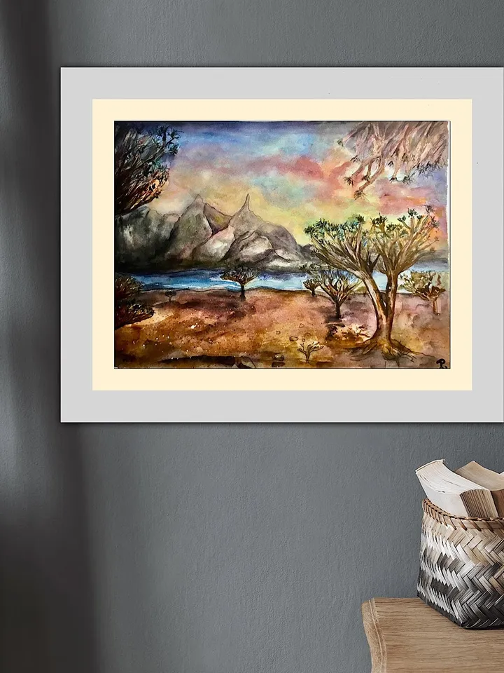 Dragon trees original watercolour african landscape painting.Landscape wall art.Original watercolour art. Sunset painting.Fantasy landscape.