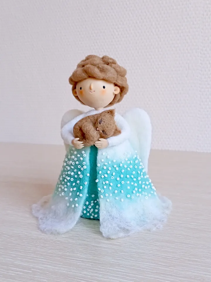 Waldorf inspired angel with cat\OOAK angel figurine\Wool needle felted magic angel art doll\Animal lovers gift\Loss pet gift\Keeper pets