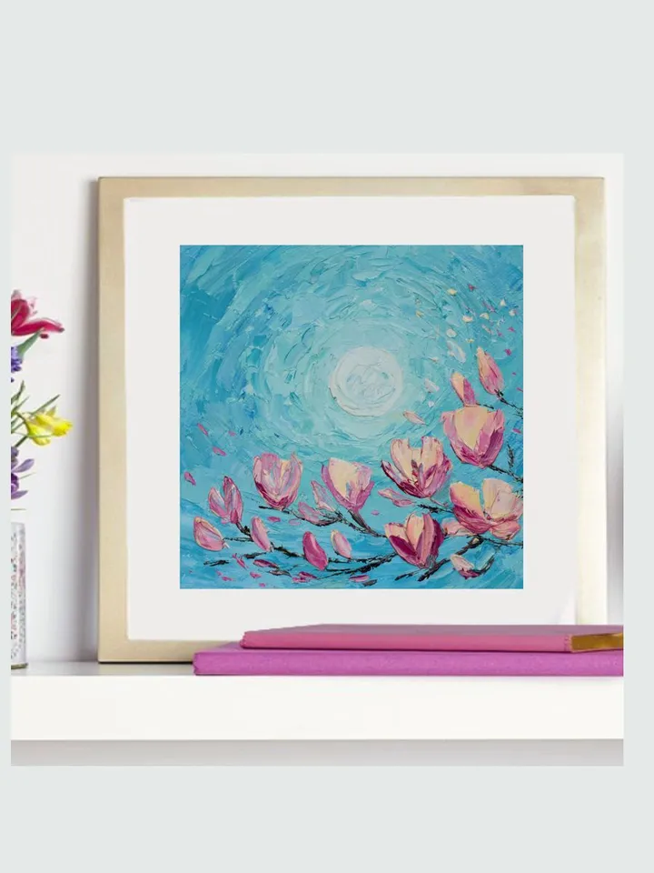 Magnolia painting Flower Small artwork Full moon night Original Art Flowering branches painting by Juliya JC
