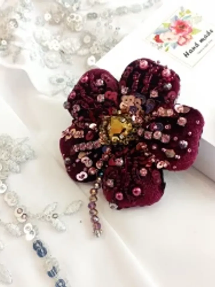Beaded rhinestone flower brooch for women, crystal flower brooch, burgundy pin, gift for her, coworker gift, bag pin