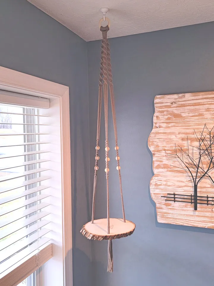 Macrame Plant Hanger with Live Edge Wood Shelf Boho Home Decor Plant Pot Holder Unique Housewarming Gift