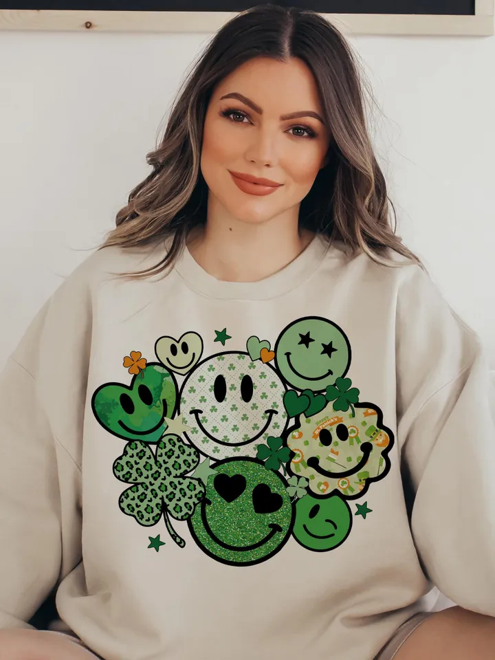 St Patricks Day Smiley Faces PNG Sublimation Design | St Patricks Day Love Smile Clover Hearts Retro Groovy Digital Download Tshirt Design