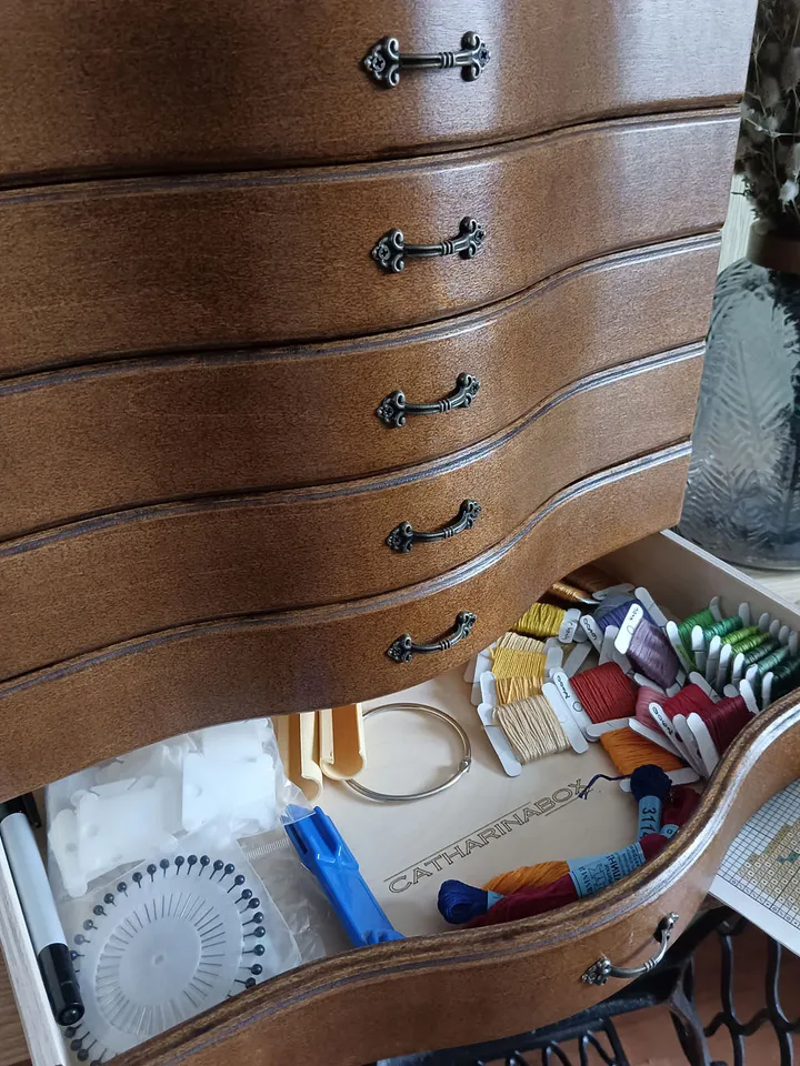 Floss storage cabinet for DMC floss bobbins and skeins, Stitching drawer box with curved faces in vintage style