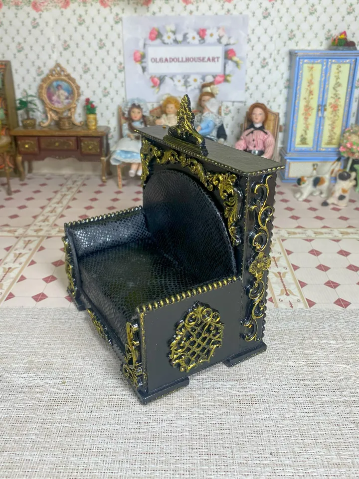 Vintage style doll sofa with gold trim. Black sofa. 1:12. Dollhouse miniature. Rare sofa for dolls. Handmade.