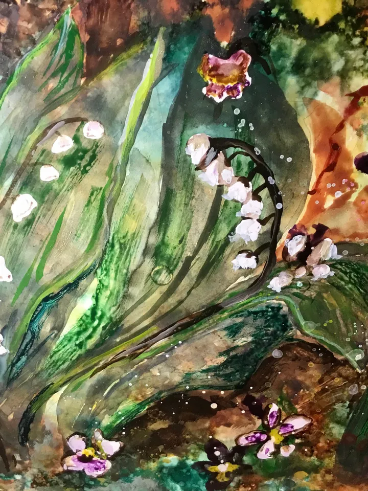 Lillies of the valley original watercolour and alcohol inks mix media painting on yupo paper,flowers painting, flower fields landscape