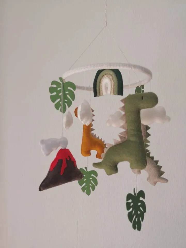 Dinosaur crib baby mobile with rainbow cloud star monstera. Baby shower gift ide