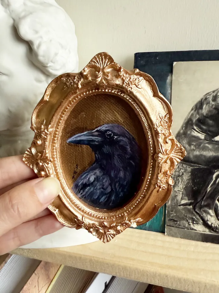 Framed Raven Painting Small Original Corvid Artwork Crow Art Tiny Oil Painting Bird Oval Frame