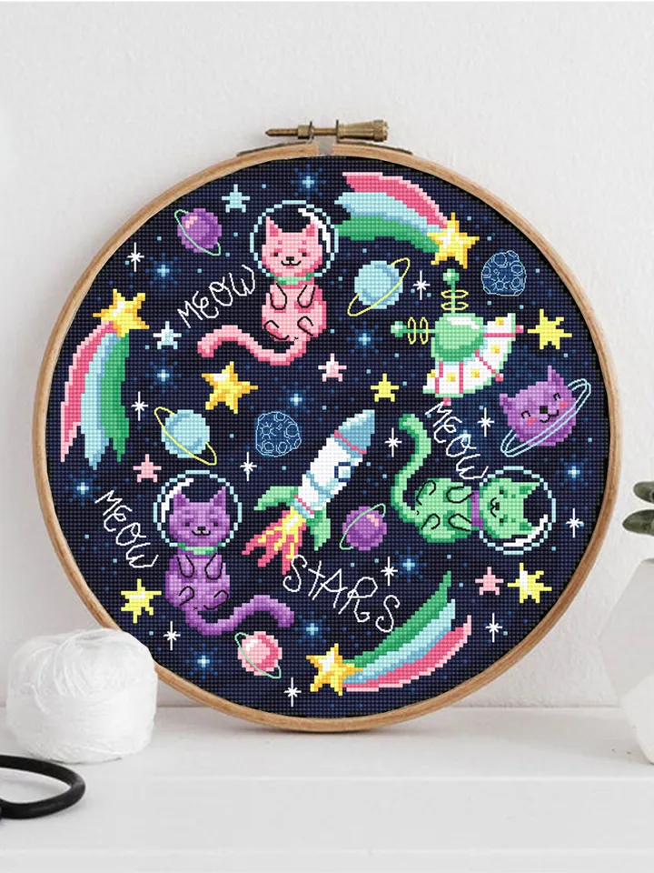 Space cat cross stitch pattern PDF download Funny cat in space cross stitch chart, Astronaut cat embroidery PDF, Outer space, Cat art #K59