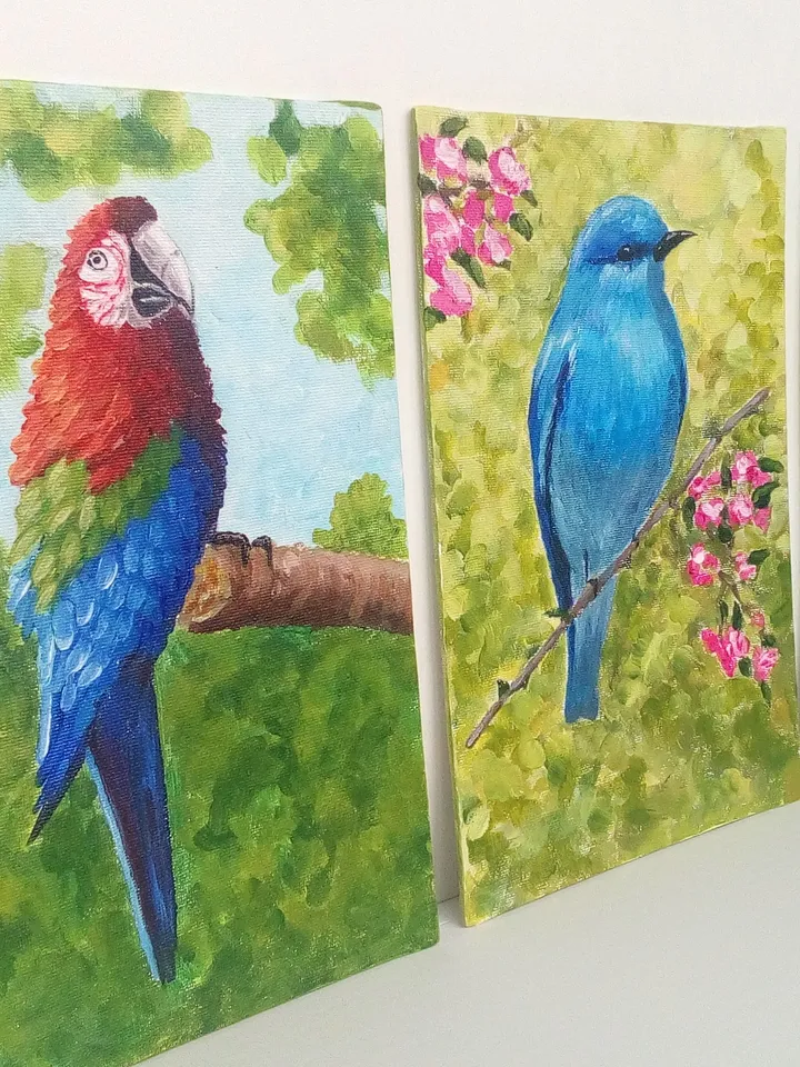 Set of three bird paintings. Toucan painting, Blue sialia painting, Parrot painting, Acrylic painting, Bright birds.