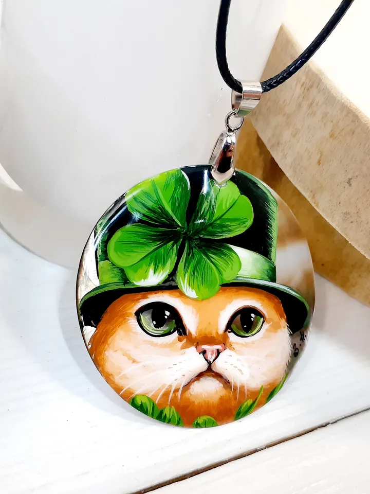 Pearl pendant necklace: Red Cat in the Hat. St Patrick's Day jewelry handmade for luck. Cute funny pendant with cat. Elegant dainty pendant