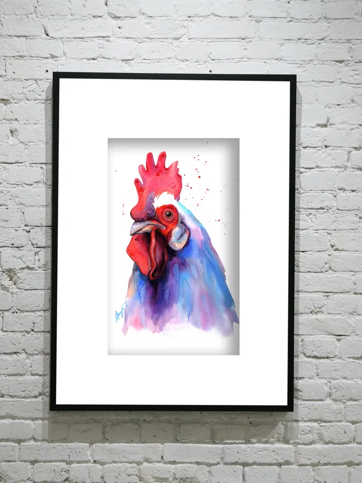 Rooster Original watercolor, farm bird painting, wall decor, 8x11 in handmade birds art by Anne Gorywine