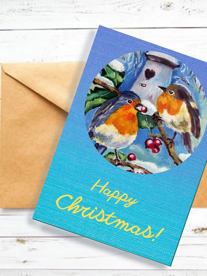 Christmas Cards with Birds Painting, Set of 5 Printable Holiday Cards, Digital greeting card, Printable Xmas cards