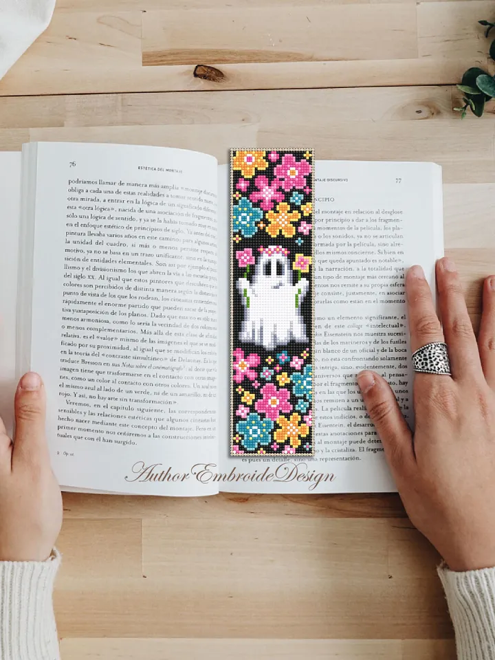 Ghost Bookmark set cross stitch pattern PDF download Cute ghost cross stitch chart Halloween bookmark pattern digital PDF Floral ghost #B376