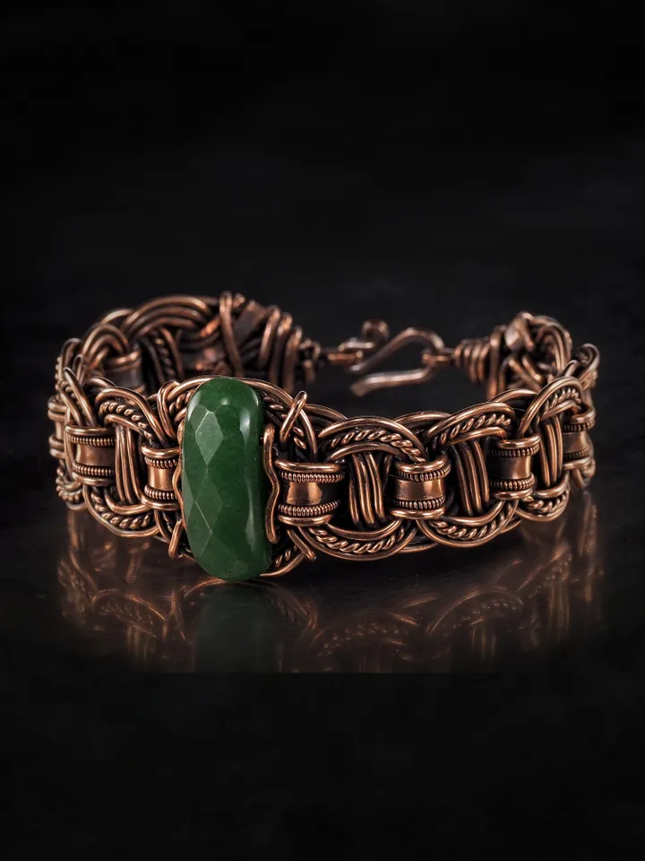 Copper wire wrapped jade bracelet 7th Anniversary gift