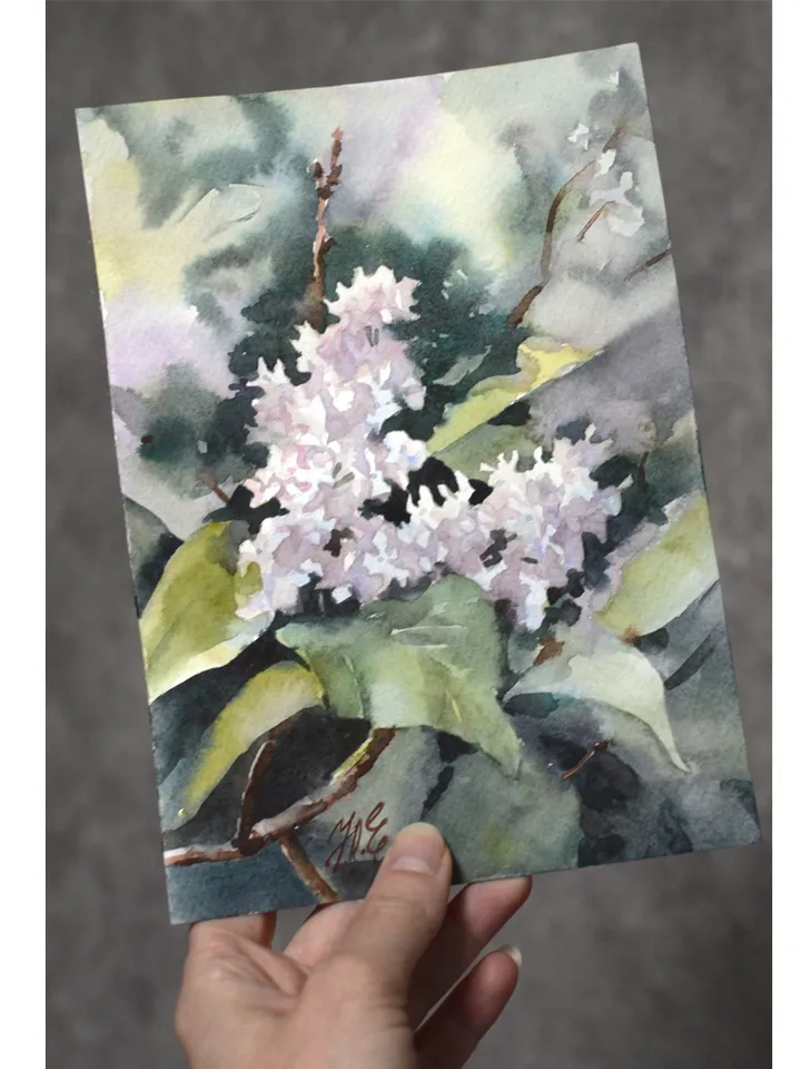 White flowering branch of Lilac Painting Original watercolor art by Yulia Evsyukova
