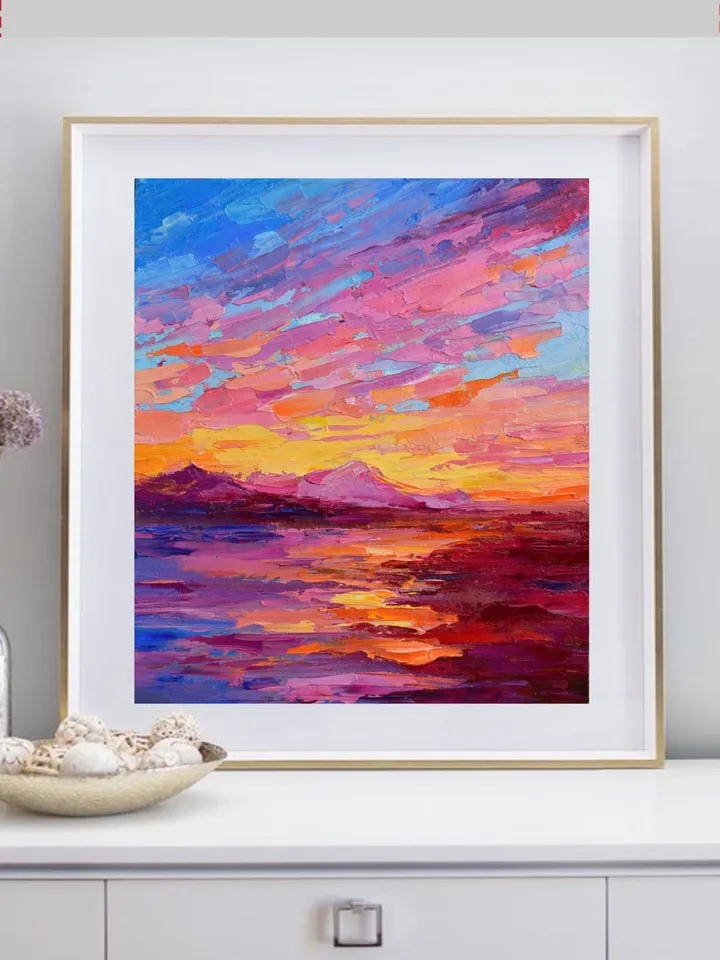 Seascape wall art original oil painting Hawaiian coast artwork Colorful sunset art Beach painting