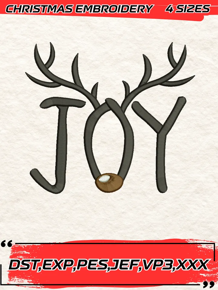 Christmas Joy Sign Cute Deer Embroidery Design,Christmas Embroidery Design,4 Sizes, Digital Download