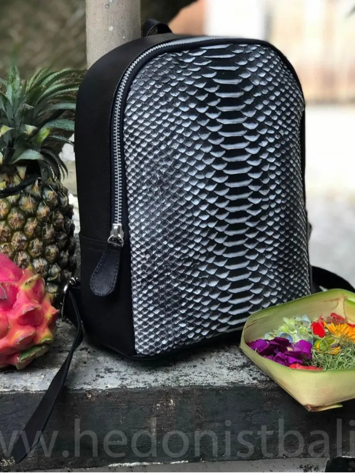 Genuine python skin small backpack | leather backpack black white snake| small designer rucksack | Exotic leather bags | Women handmade bags