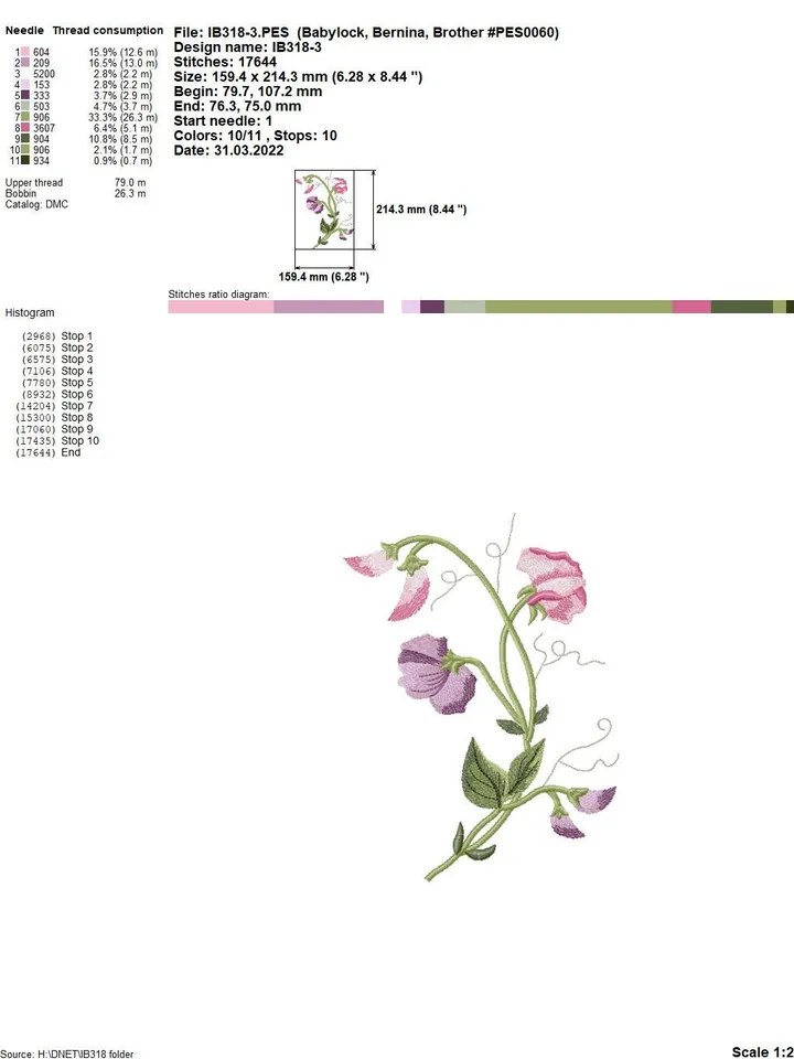 Sweet pea artistic machine embroidery design digital embroidery pattern home and clothing décor embroidery motif floral design flower embroi