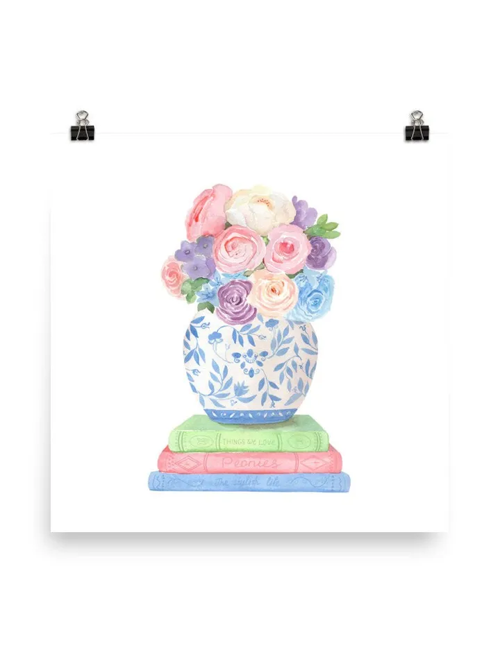 Chinoiserie Book Illustration Print, Watercolor Painting, Book Lover Gift, Book Stack Decor, Ginger Jar Print, Chinoiserie Wall Art, Bouquet