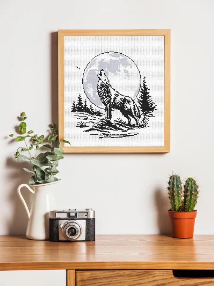 Wolf moon cross stitch pattern PDF download Howling wolf cross stitch chart, Nature pattern digital PDF, Full moon embroidery beginner #L85