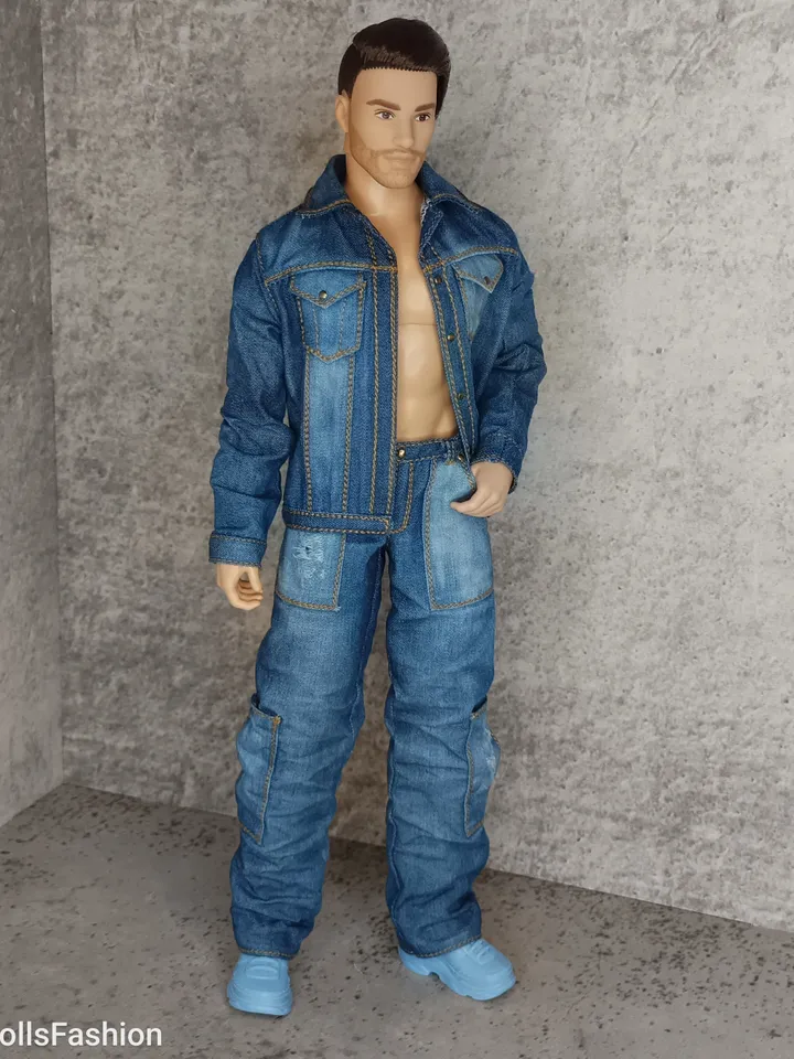 Ken's Distressed Denim Jacket and Cargo Jeans with Large Patch Pockets (for Ken with an athletic body)