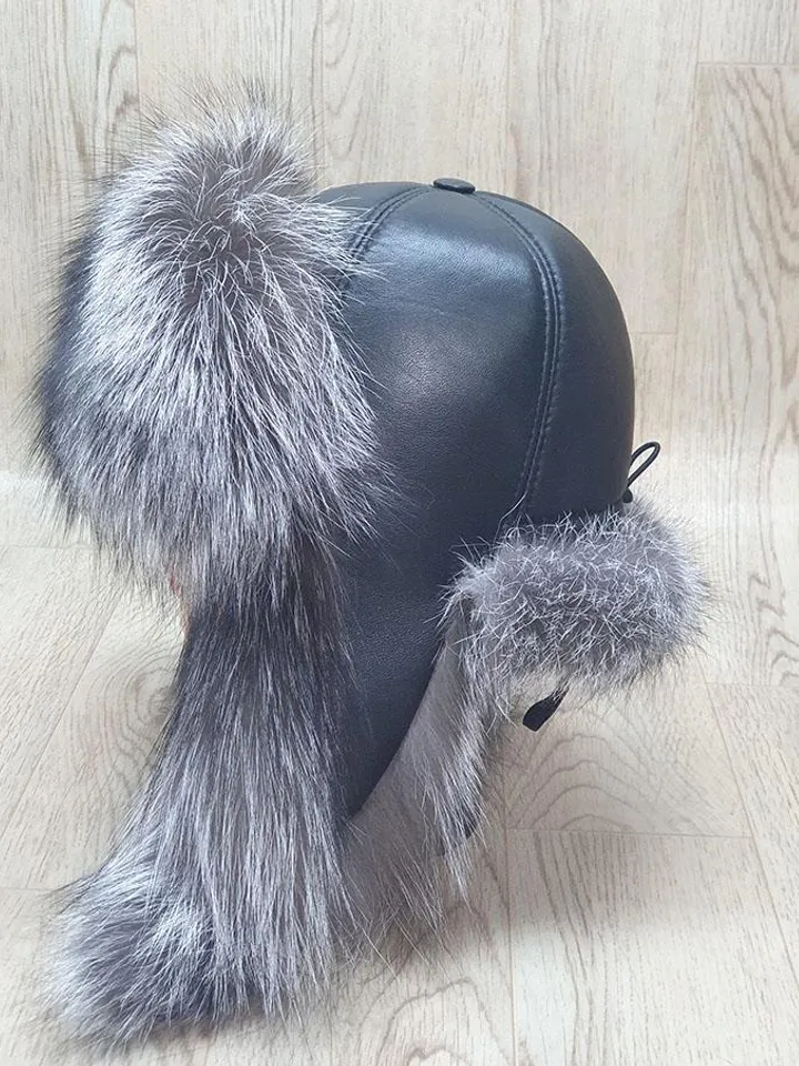 Women's Silver Fox Hat. Fur hat for Winter. Top of the hat is genuine leather. Hat with a pompom. Model Zimushka, Warm, Comfortable, Fashion