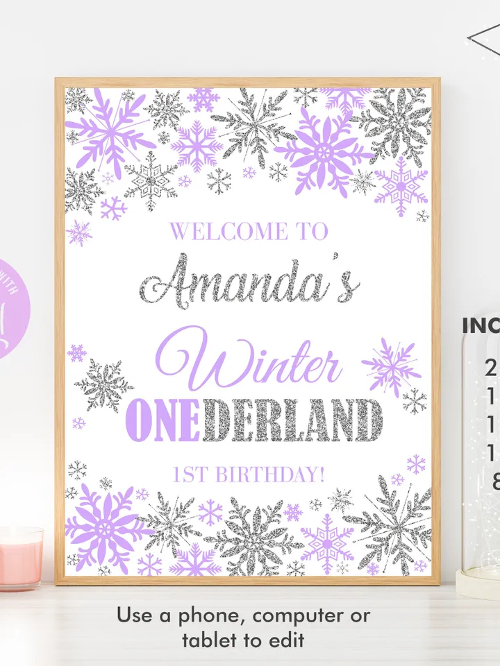 Winter Onederland Welcome Sign Purple Silver Winter Onederland 1st Birthday Girl Decorations, Snowflake Birthday Sign, Editable Template