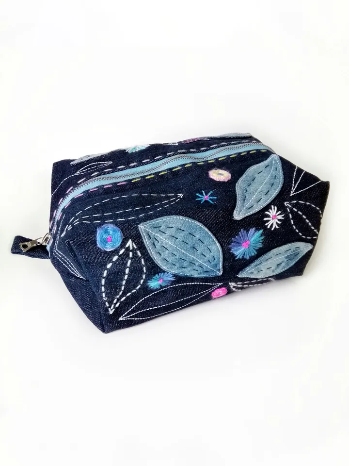 Hand Embroidered Large Cosmetic Bags: Handmade Denim Pouches with Zipper - Unique Embroidered Fabric Women's Beauty Bags. FREE SHIPPING!