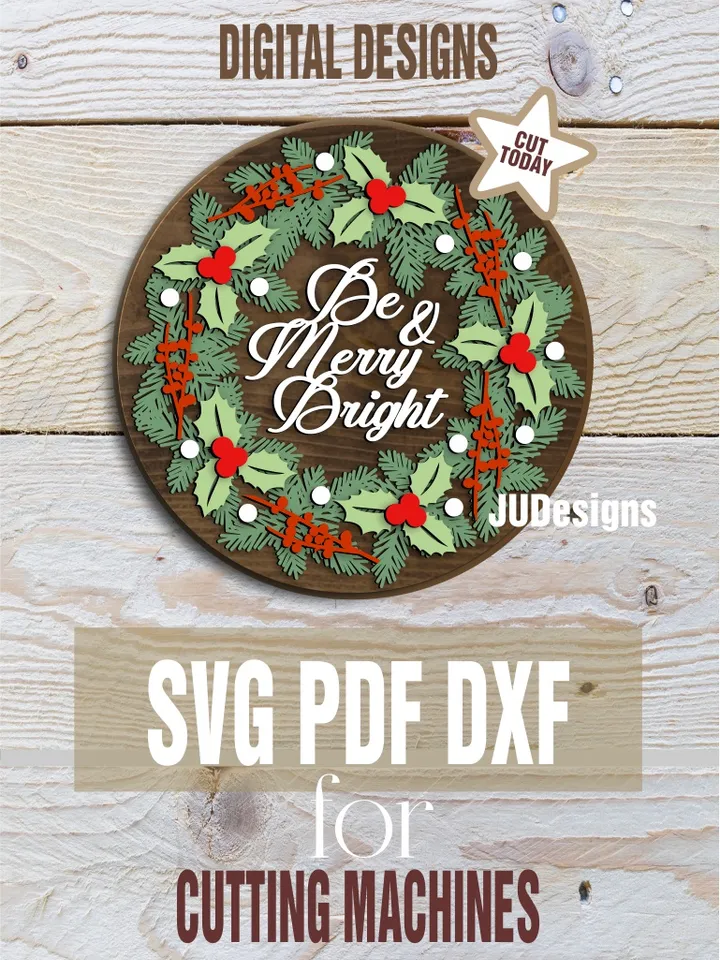 Be Merry and Bright Door Hanger SVG, Christmas Holly Berry Wreath SVG ...