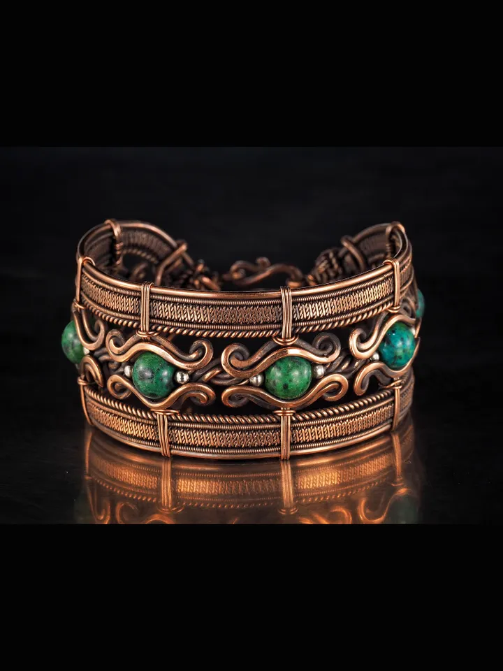 Copper wire wrapped bracelet with chrysocolla for lady Antique style WireWrapArt