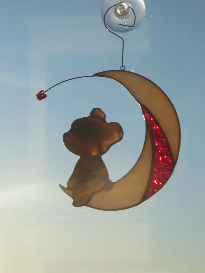 Bear on Moon with Butterfly . Swarovski Сrystal .  Stained glass window hanging Suncacher